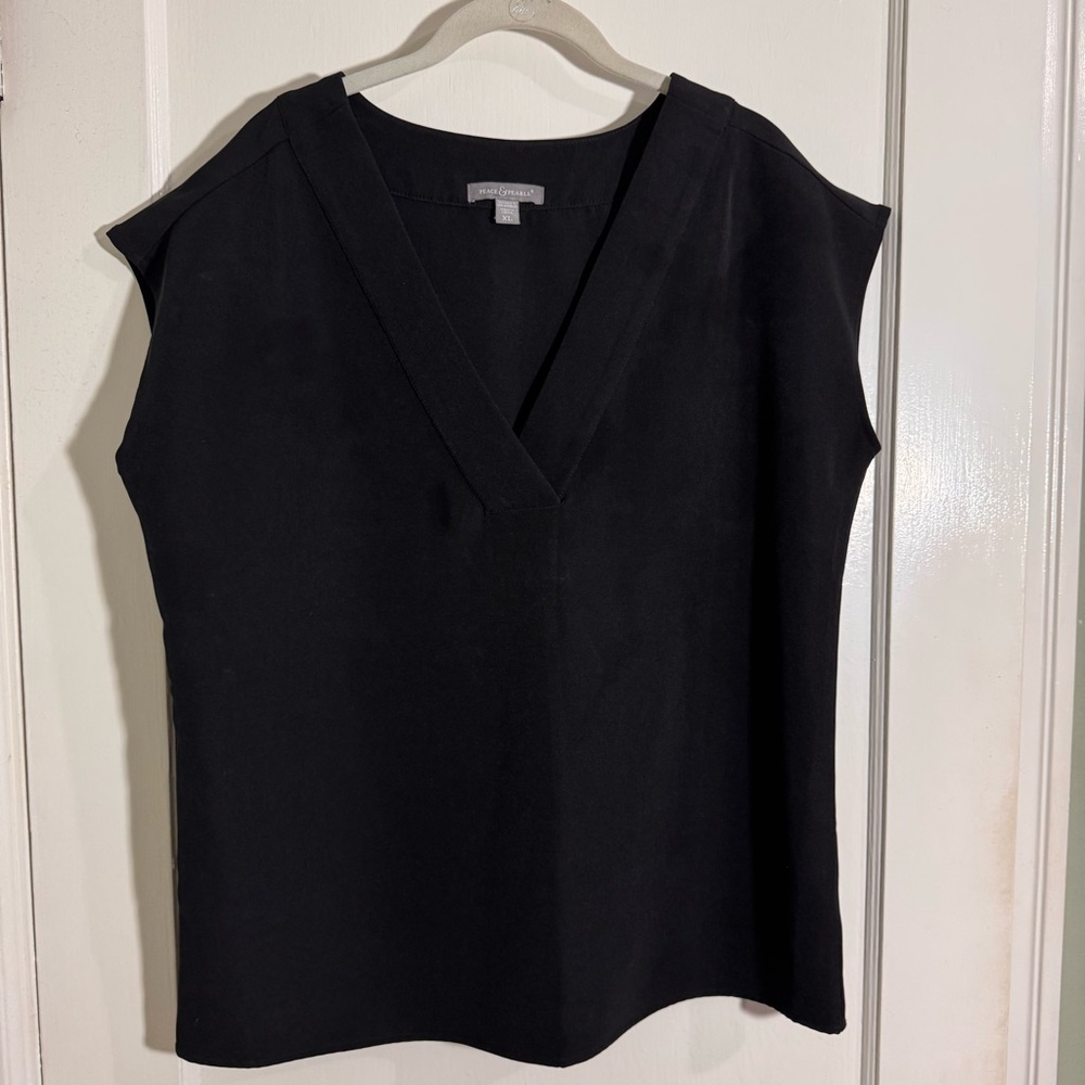 Peace & Pearls Black V-Neck Cap Sleeve Top